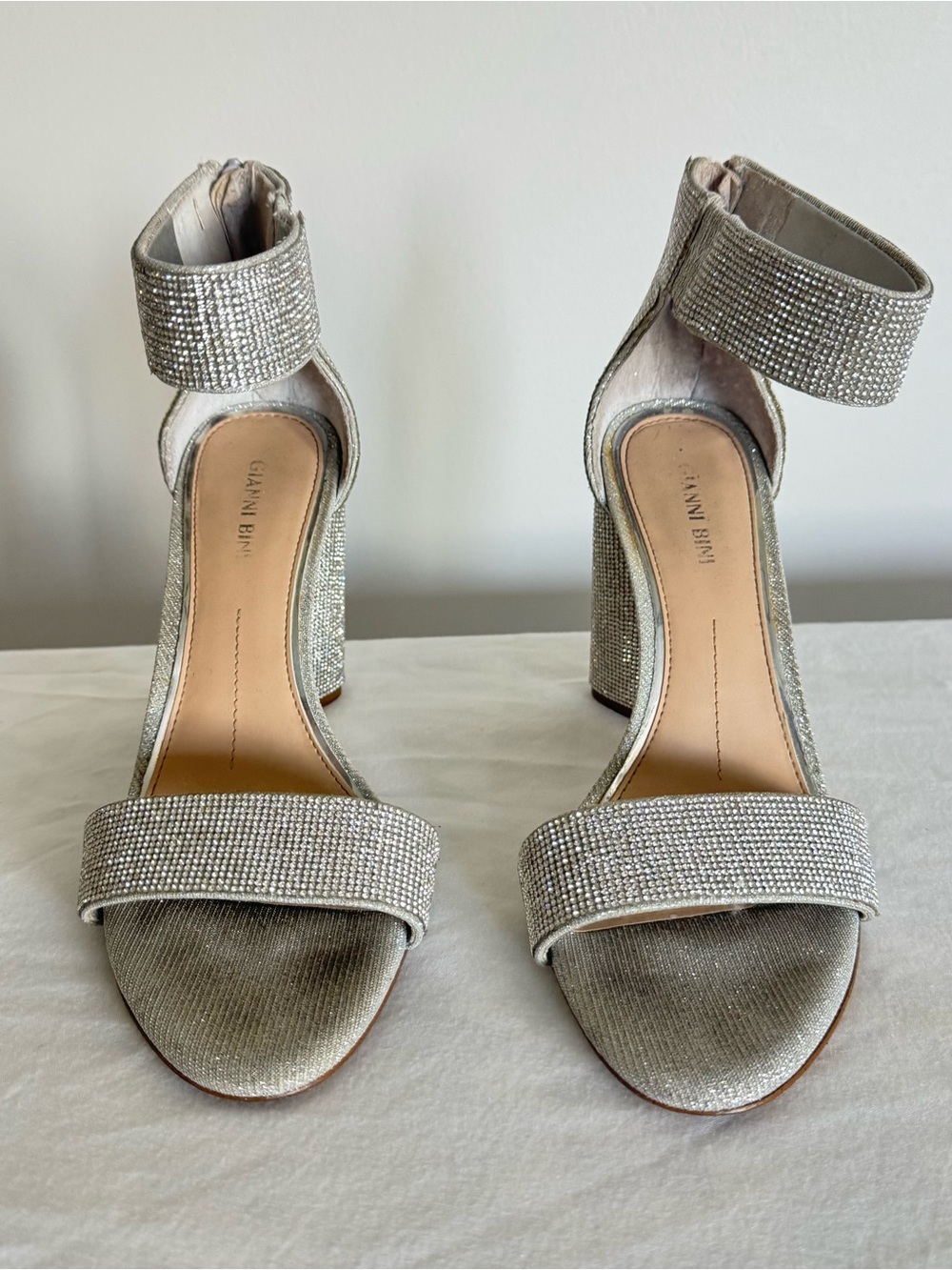 Gianni Bini Silver Crystal Ankle-Strap Block Heels